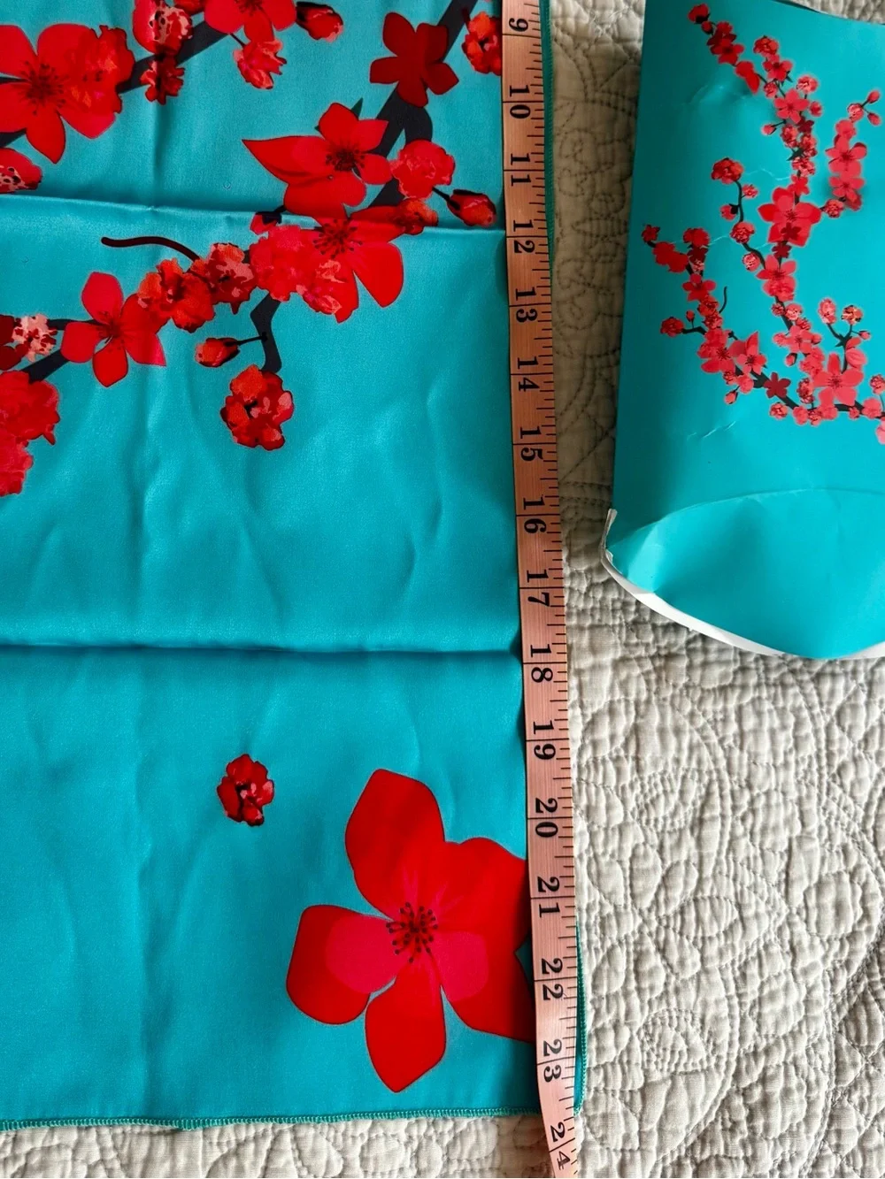 Silk-Feel Teal Scarf with Red Floral Print
